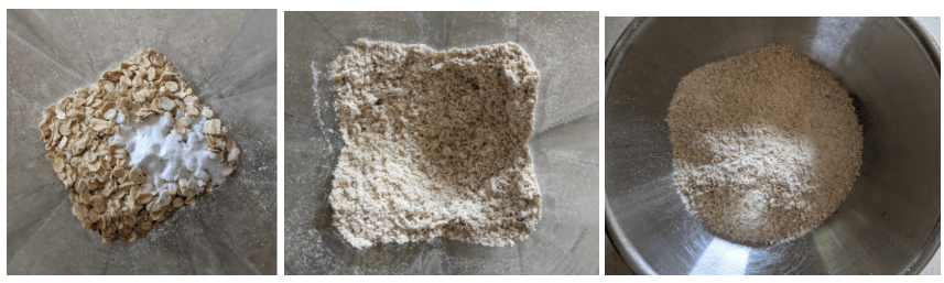 Three images: oats and baking soda, blended oats and soda, and blend poured in a bowl