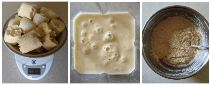 Three images: banana chunks on the scale, blended banana and eggs, and dry and wet ingredients mixed.