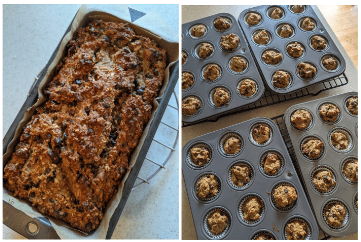 Two images: baked loaf and baked mini muffins.