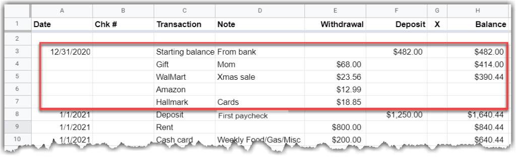 Google Sheet showing the added starting balance and outstanding commitments