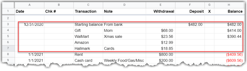 Google sheet shows bank balance and outstanding checks.