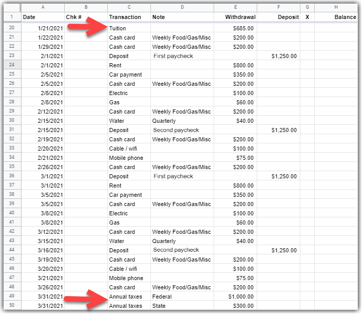 Google Sheet screenshot pointing out tuition and annual taxes added to the plan
