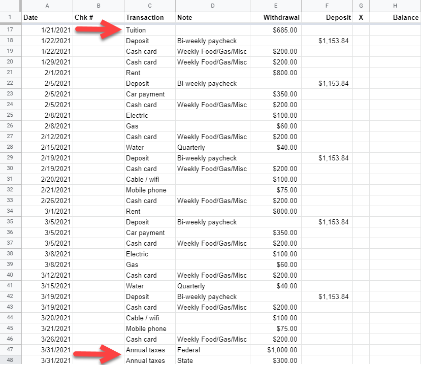 Google Sheet screenshot pointing out tuition and annual taxes added to the plan