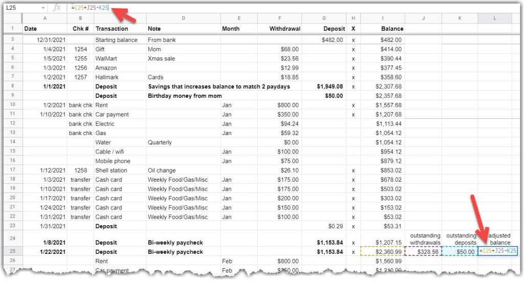 google sheet - shows formula that computes adjusted balance