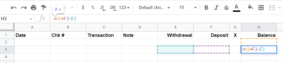 Google Sheet showing the formula : =H2+F3-E3 entered in row 3 under column H