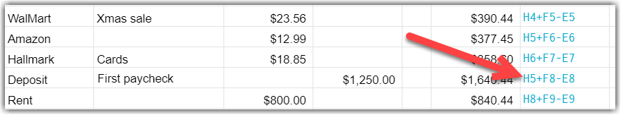 Google Sheet screenshot showing cells without the balance formula