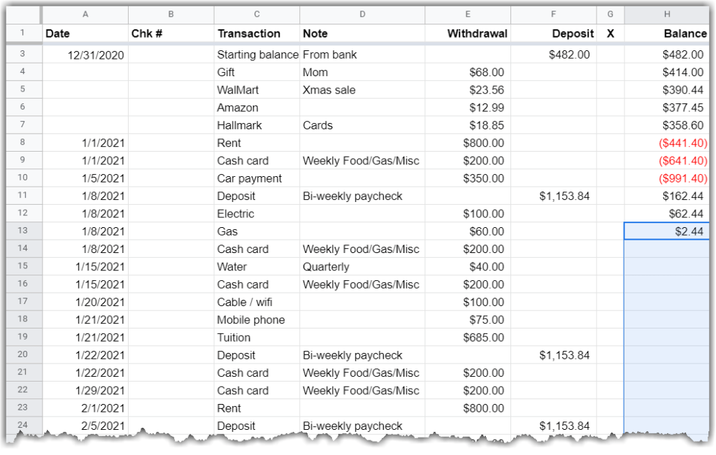 Google sheet shows balance cells highlighted and ready for formula duplicated