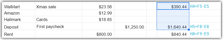 Google Sheet with cells highlighted, formula to formula