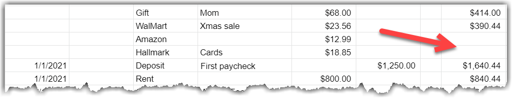 Google Sheet screenshot showing cells without the balance formula