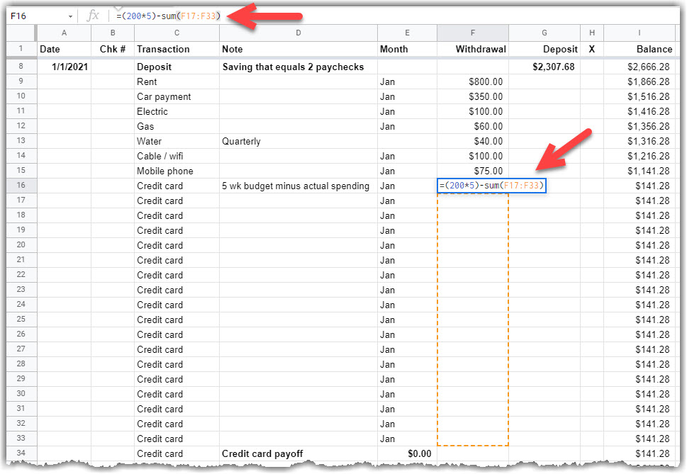 google sheet showing Formula for the weekly budget minus actual spending