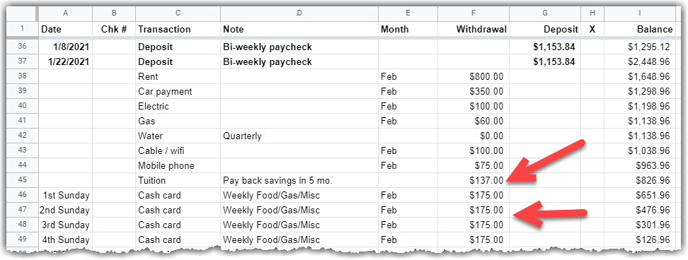 google sheet Shows February with a tuition payoff plan.