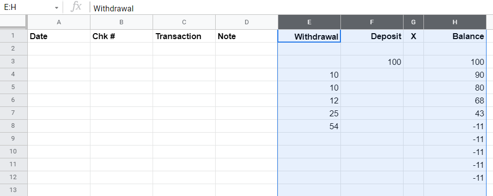 Google Sheet showing columns E thru H highlighted