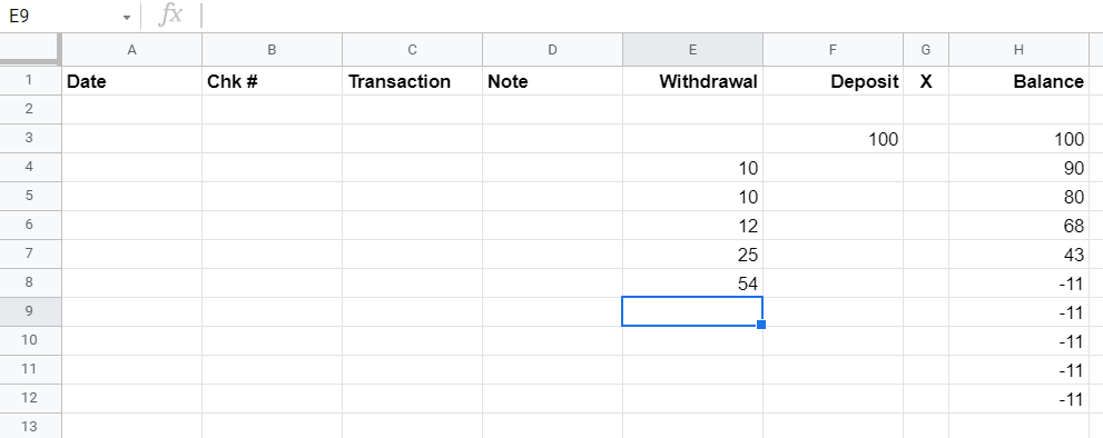 Google Sheet showing the balance formula computing the values entered in columns E and F
