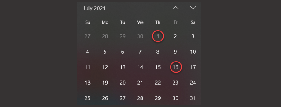 July calendar showing a hypothetical payday of the 1st and 16th
